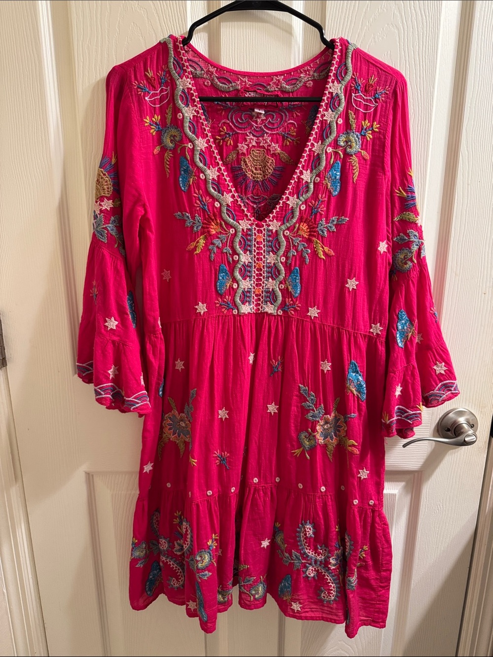 Johnny Was Hot Pink Embroidered V-Neck Tiered Dress